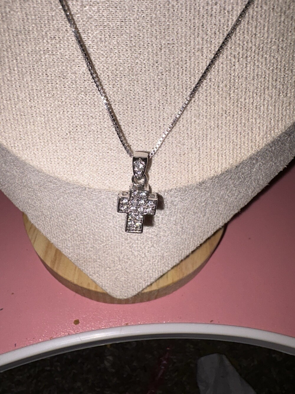 Italy 925 Sterling Silver CZ Cross Pendant Box Chain Necklace